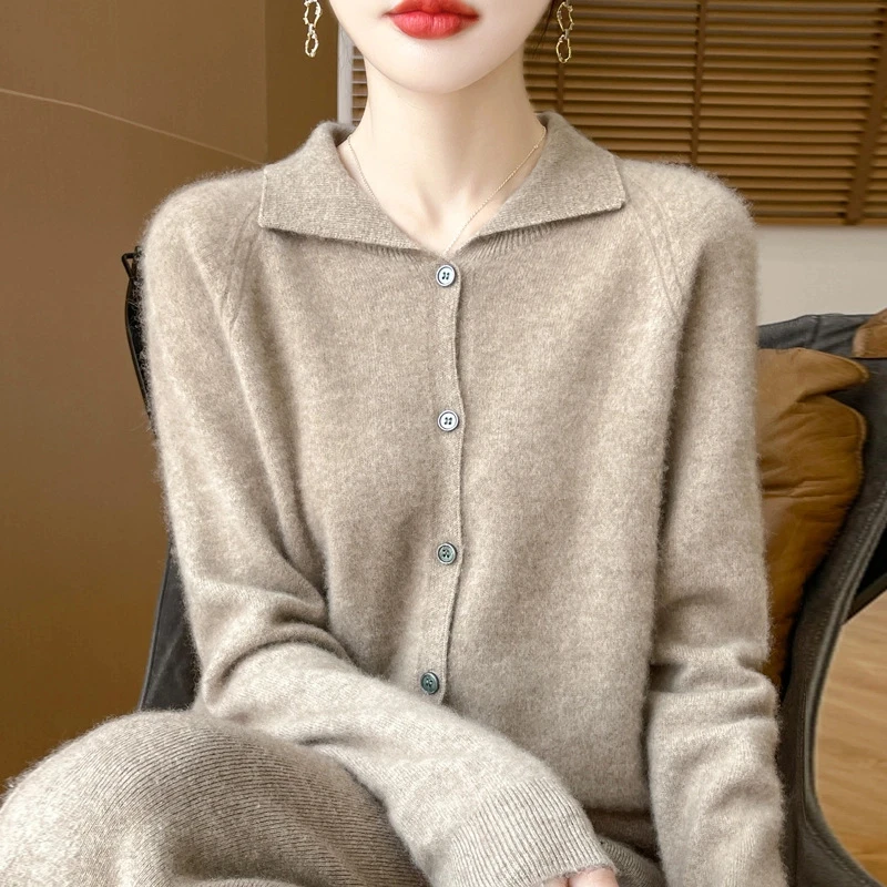 100%秋冬新款翻领羊毛开衫女纯色宽松插肩袖毛衣气质百搭外套上衣