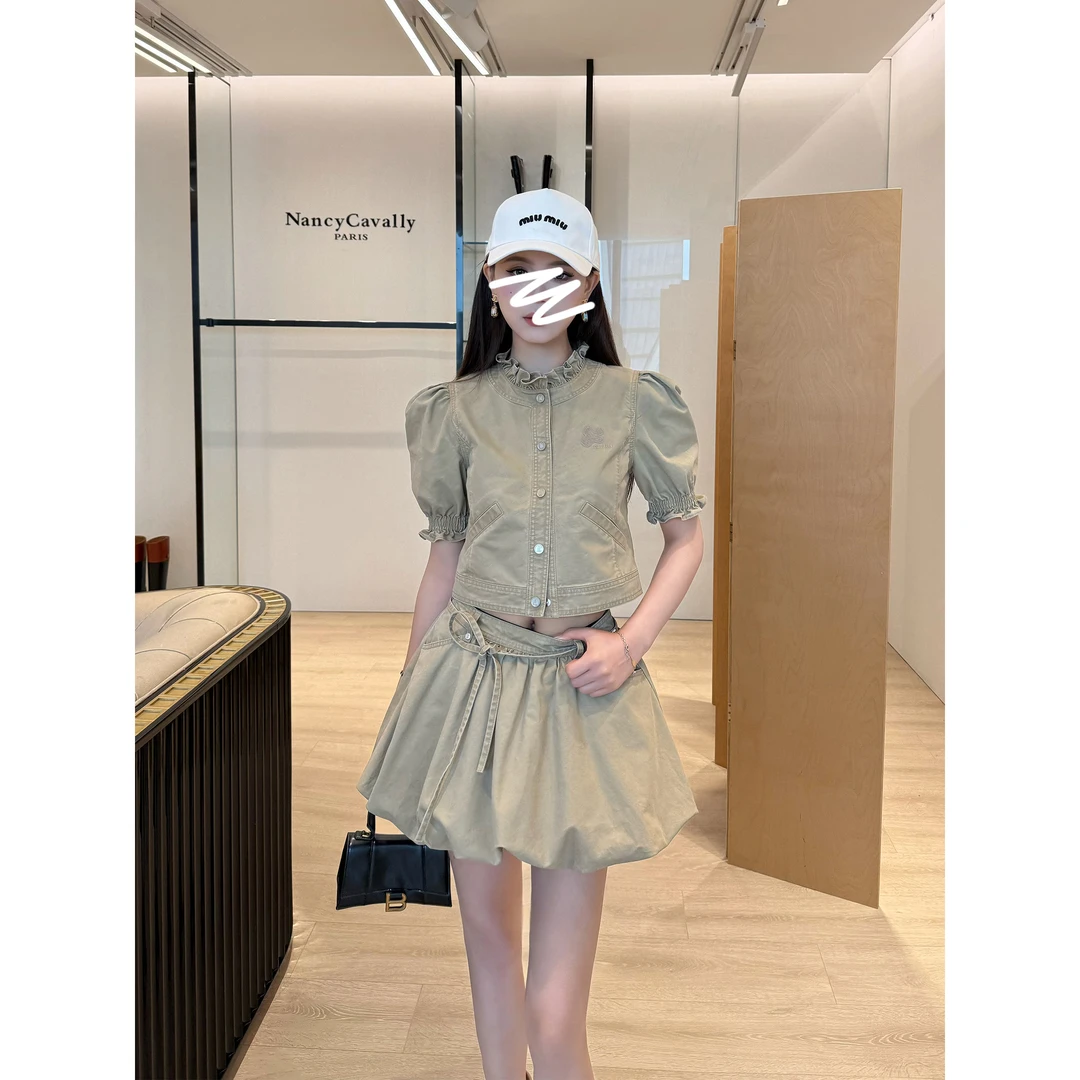 NancyCavally专柜款甄选水洗全棉牛仔 叛逆少女感泡泡袖牛仔套装