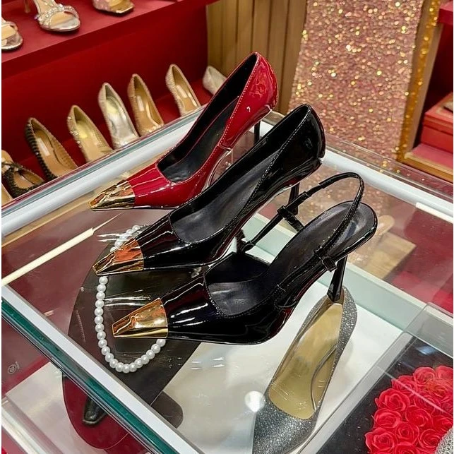 春夏新款高跟鞋2025金色铁头漆皮黑色女鞋细跟性感小方头包头单鞋