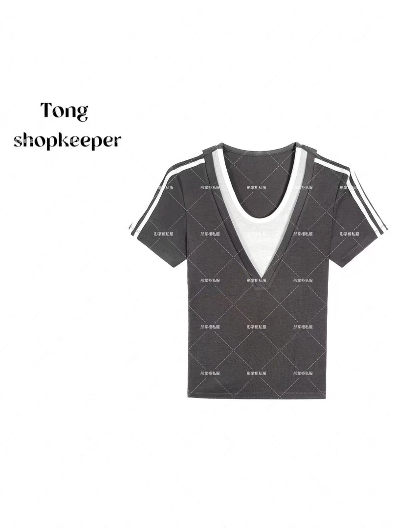 QJ/彤掌柜1682277 夏款2025高定假两件天丝羊毛拼条纹显瘦上衣