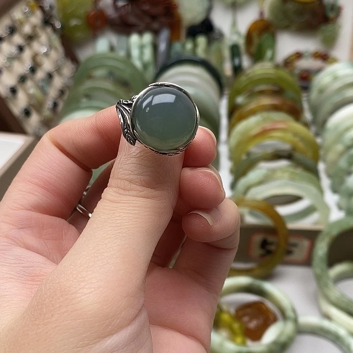 蛇纹石玉戒指银S925镶嵌