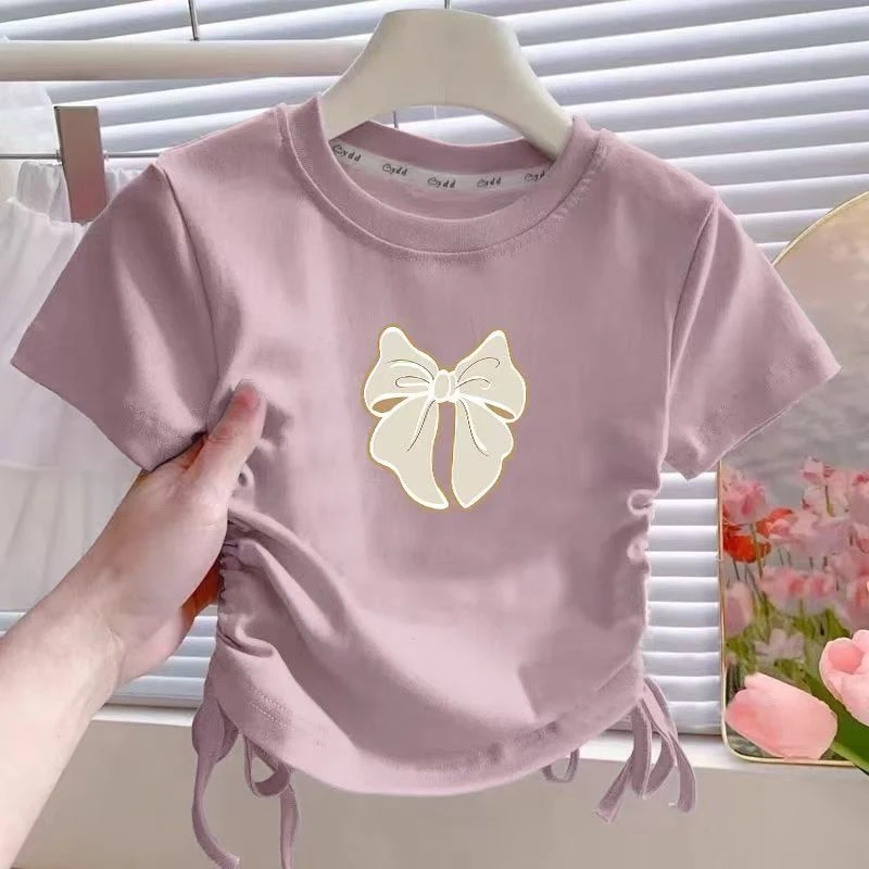 女童短袖新款T恤韩版夏季童装中大童时尚简约洋气抽绳潮流上衣