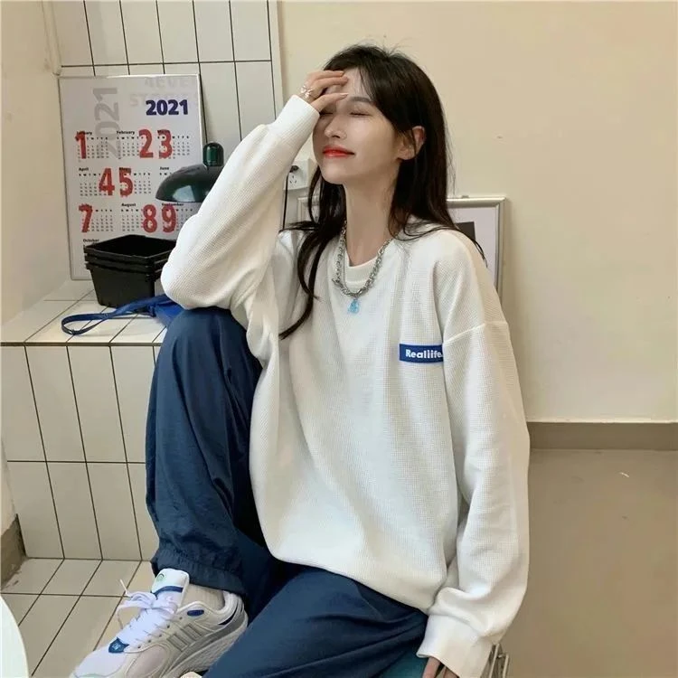 华夫格卫衣女春秋季新款宽松中长款学生显瘦长袖上衣套头外套