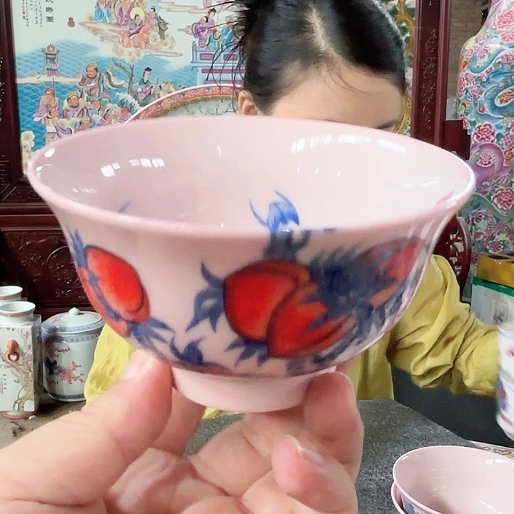 摆件景德镇高温陶瓷九桃五福碗红希希