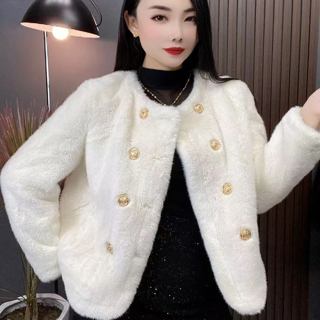 时尚圆领女上衣网红双排扣小香风秋冬气质短外套轻奢百搭195