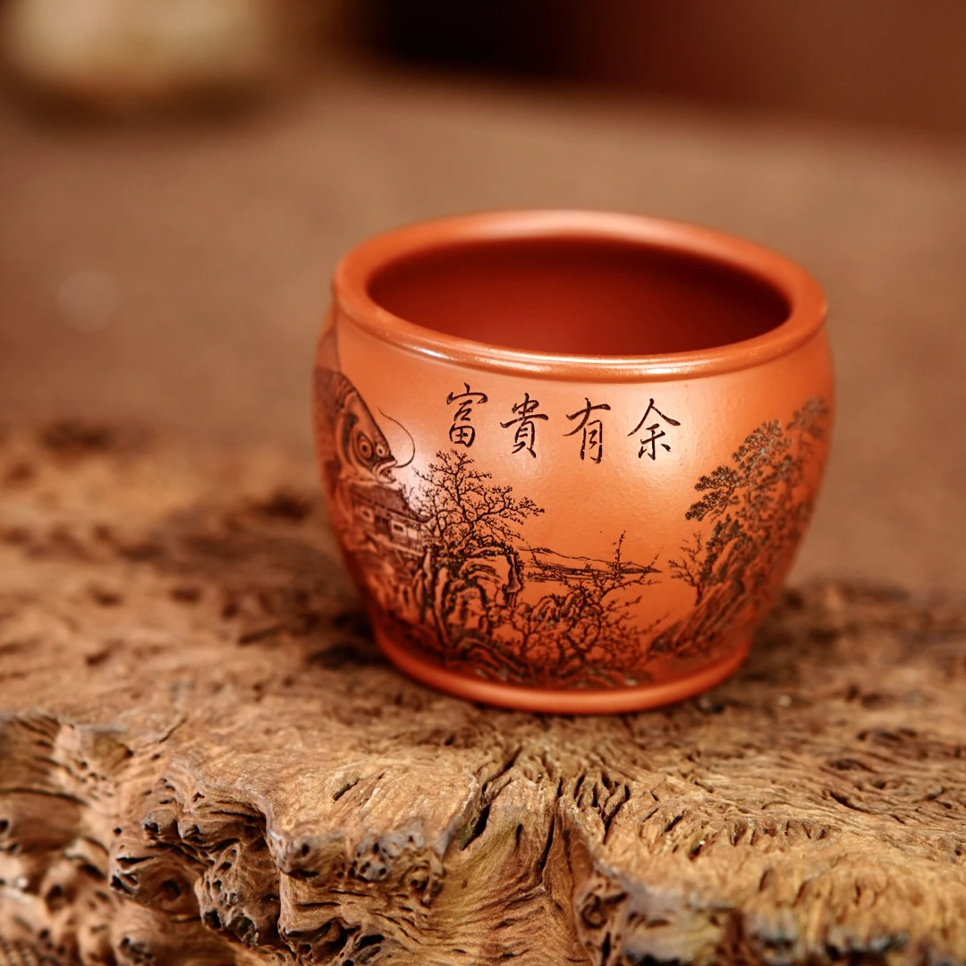 宜兴原矿紫砂 茶具 全手工制作 大红袍富贵有余刻绘紫砂杯