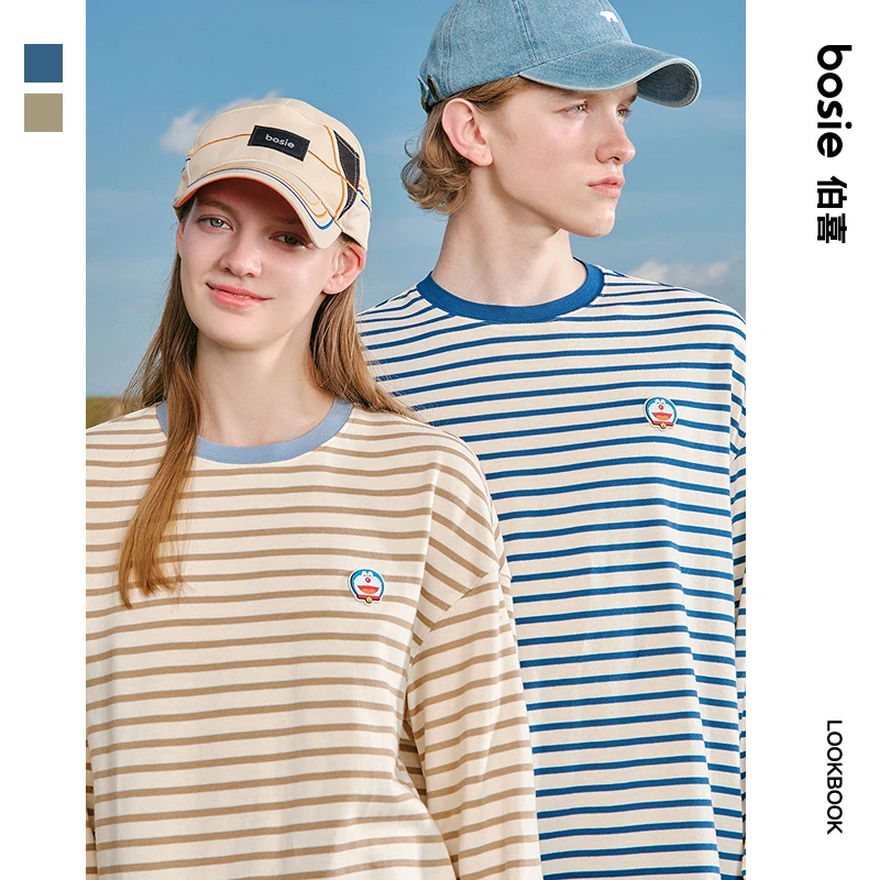 【哆啦A梦】bosie伯喜2025年秋季新款条纹长袖T恤男情侣宽松上衣