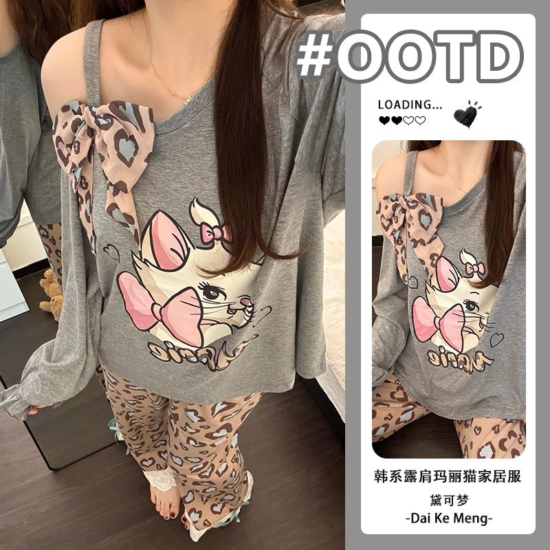 【露肩玛丽猫】ins韩系设计感卡通纯欲风长袖长裤可外穿家居服套装
