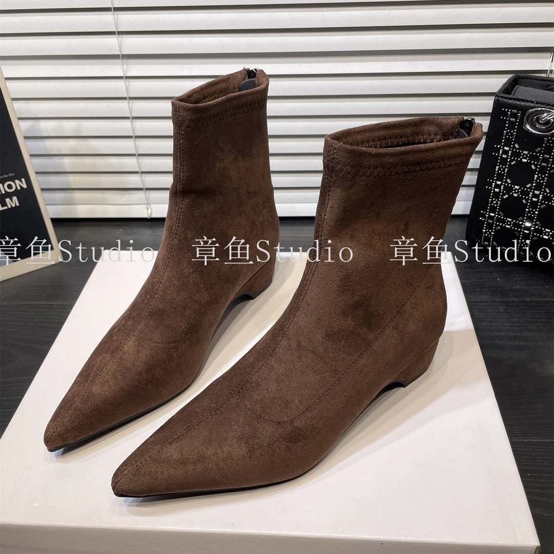 美拉德内增高尖头绒面弹力瘦瘦靴女秋冬加绒粗跟短靴复古及裸靴