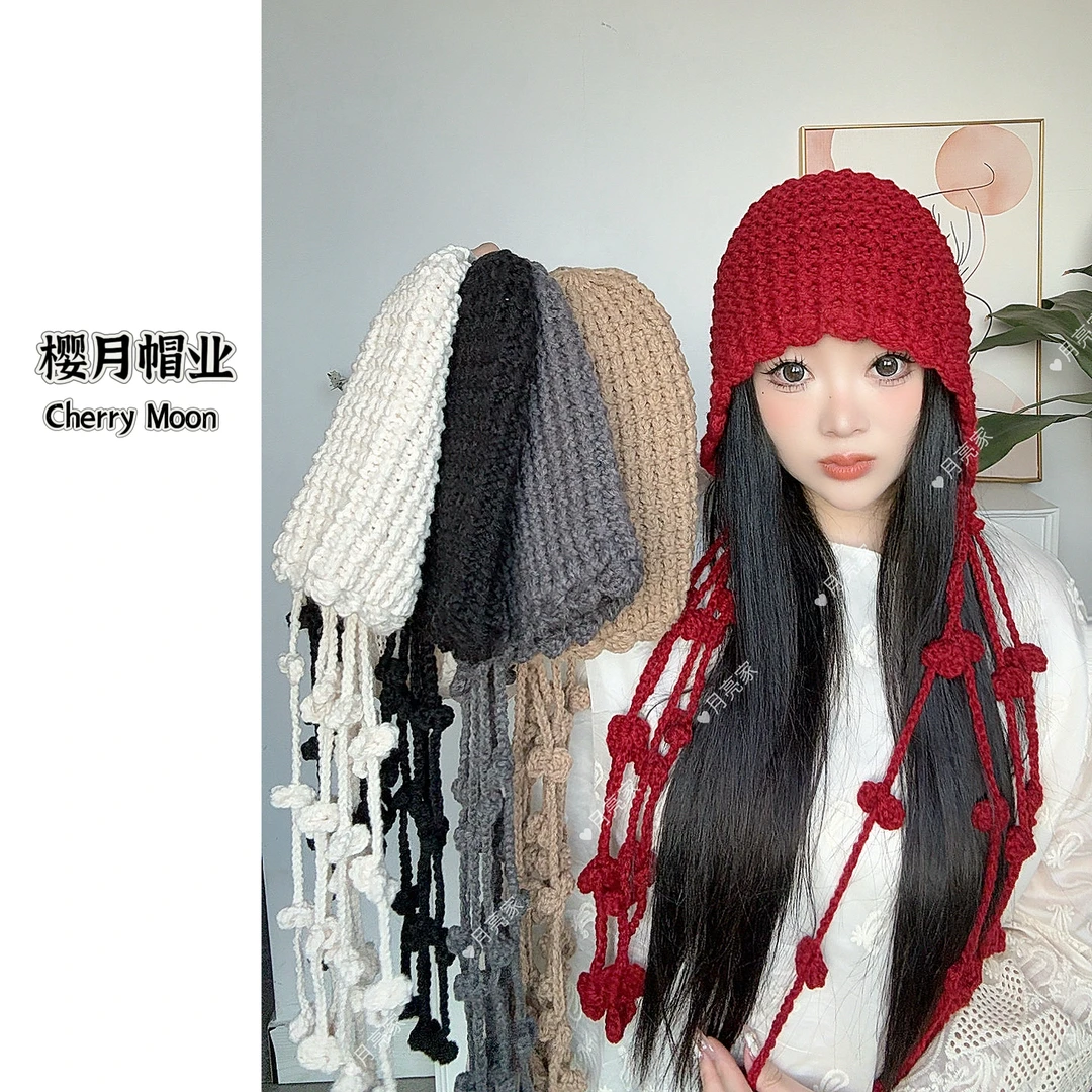 月亮家~（球球流苏帽）秋冬款波西米亚卷边手工钩织球球流苏护耳帽