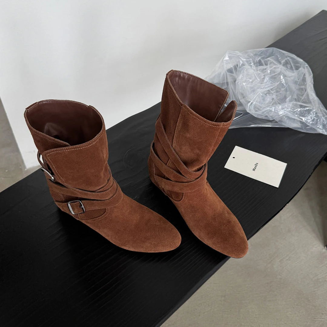 复古真皮内增高西部牛仔靴女短靴2025秋冬新款皮带扣尖头骑士靴