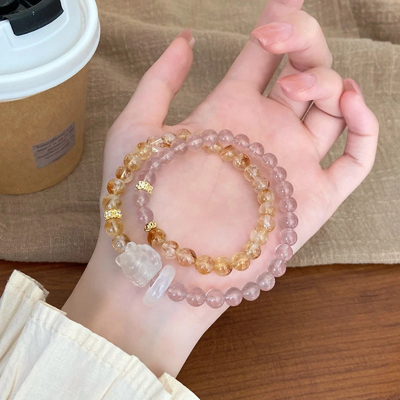 新中式文艺民族风天然黄塔晶双圈手链女草莓晶弹
