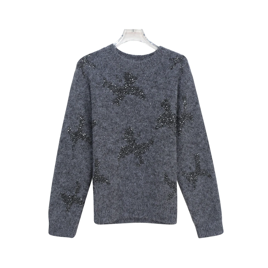 韩系慵懒风重工蝴蝶亮片软糯宽松毛衣针织上衣X27841