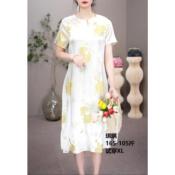 2046 花罗时尚气质直筒遮肚子连衣裙