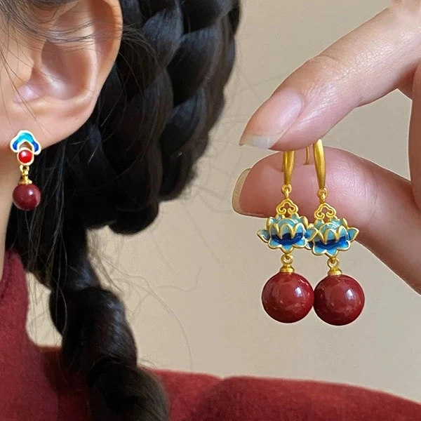 铜合金耳饰 新中式莲花耳环女复古小众高级气质感民族风耳钩耳饰