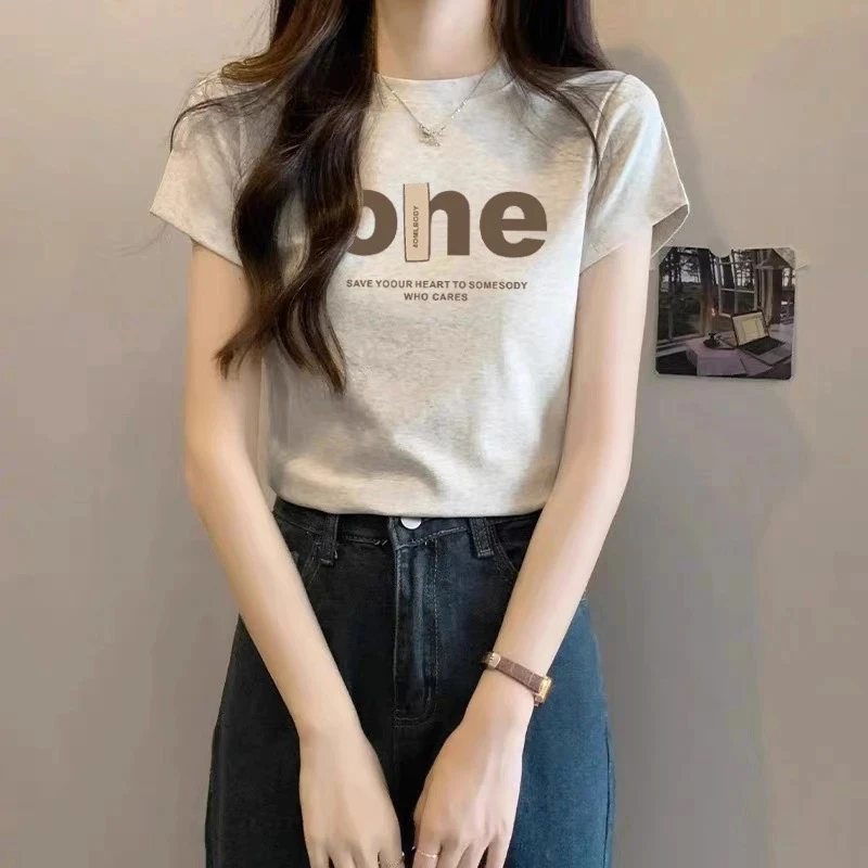 2025新款爆款浅花灰色正肩短袖t恤女装时尚百搭洋气薄款上衣夏季