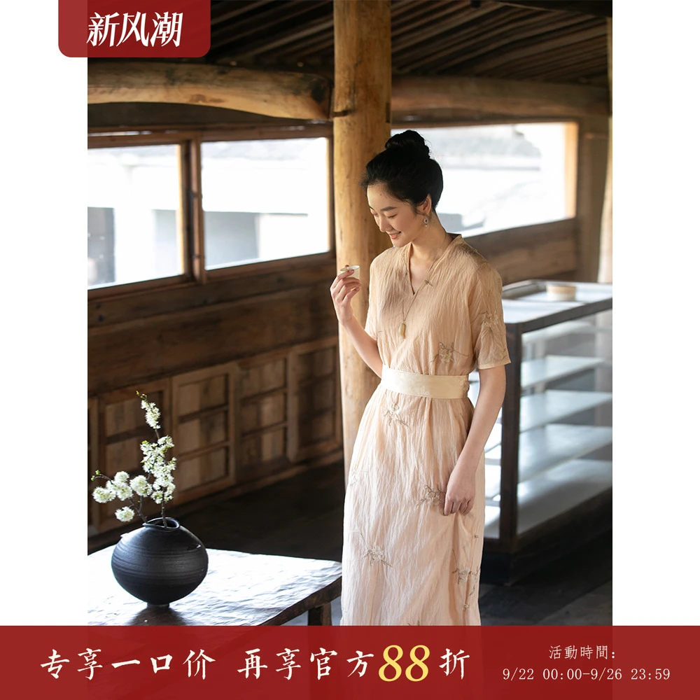 牧衣游原创 机绣丝棉连衣裙女新款轻薄禅意质朴气质长裙 森林来信