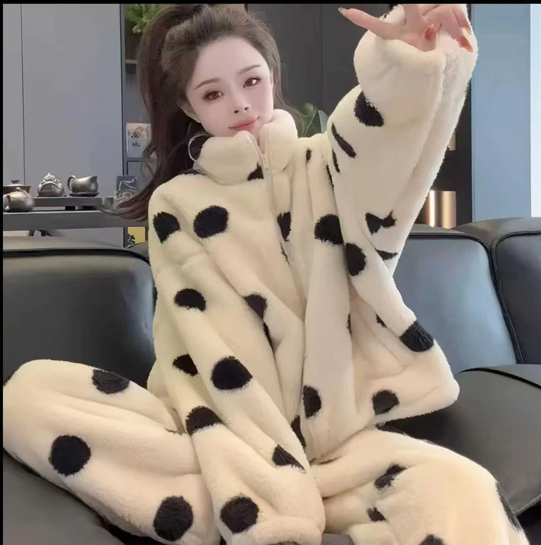 2025冬季新款加绒加厚波点睡衣女士保暖长袖家居服套装