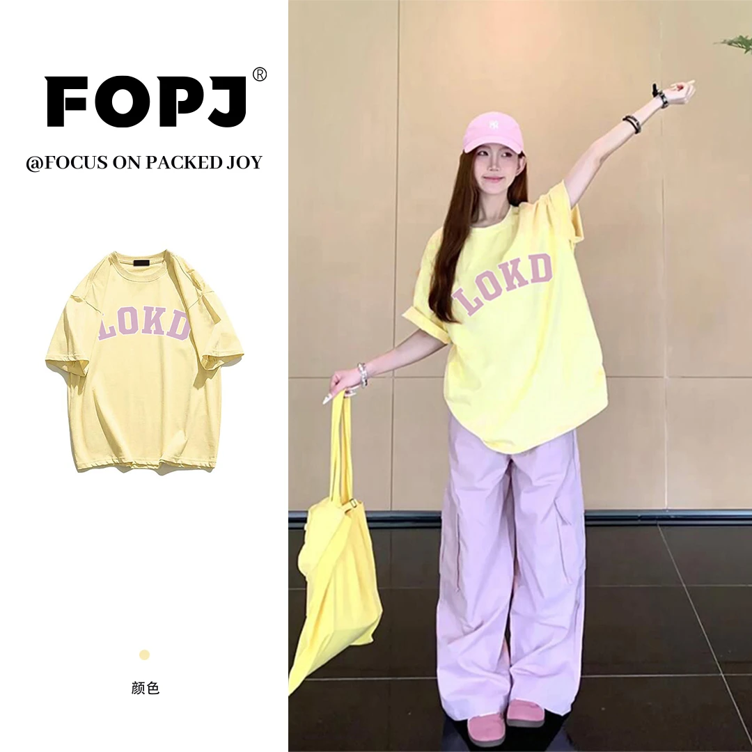 FOPJ重磅硬挺纯棉学院风夏季宽松字母印花短袖t恤女纯欲奶黄上衣