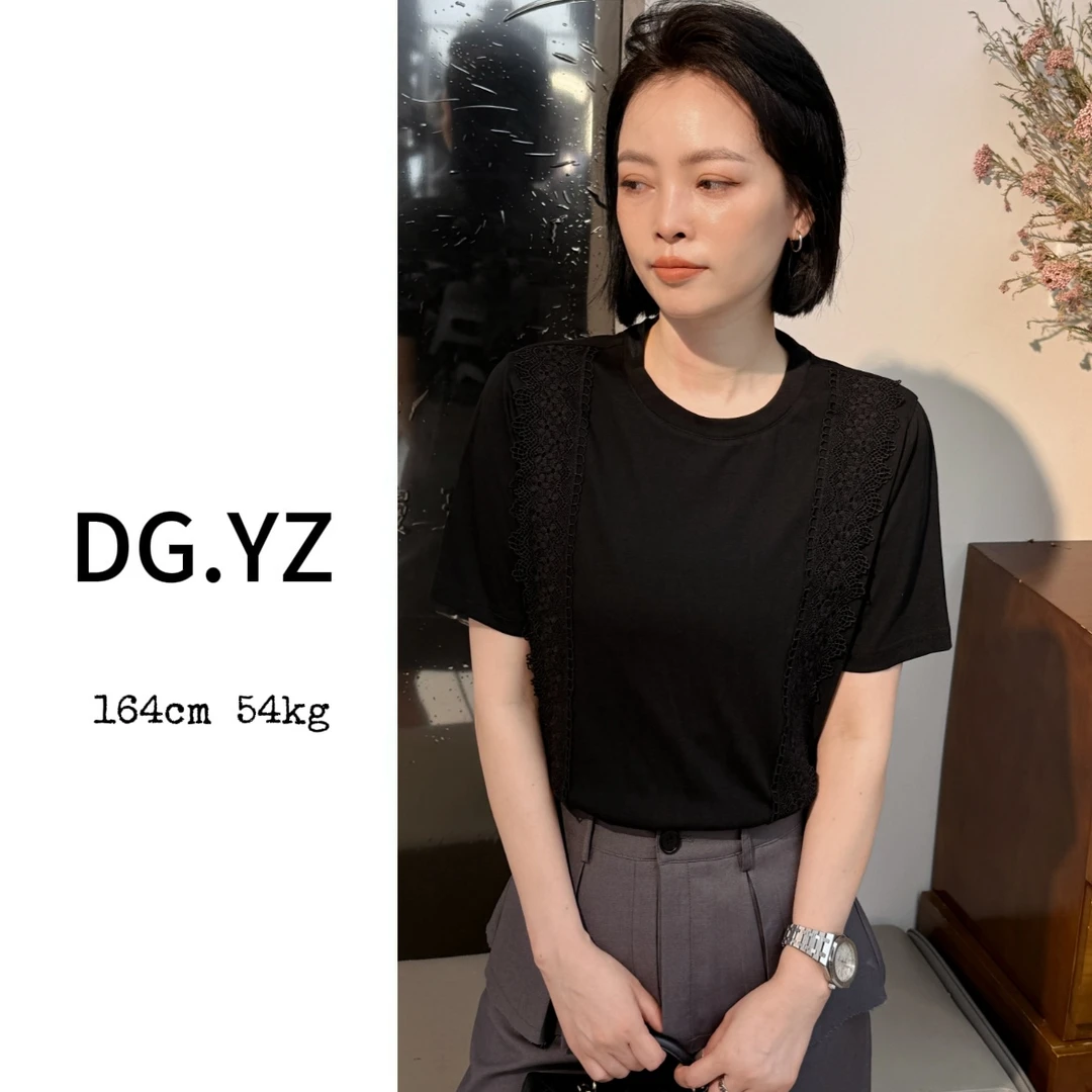 【樱子家】2753F宽松显瘦圆领蕾丝钩花拼接短袖T恤上衣