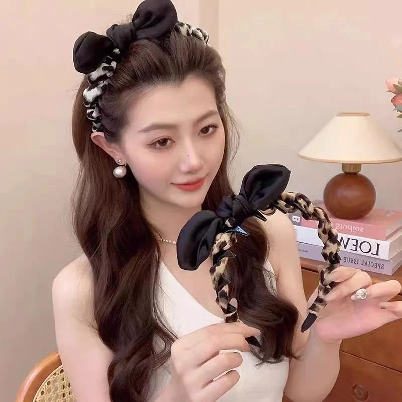 韩系复古豹纹蝴蝶结发箍女夏日高颅顶洗脸头箍气质百搭发卡发饰