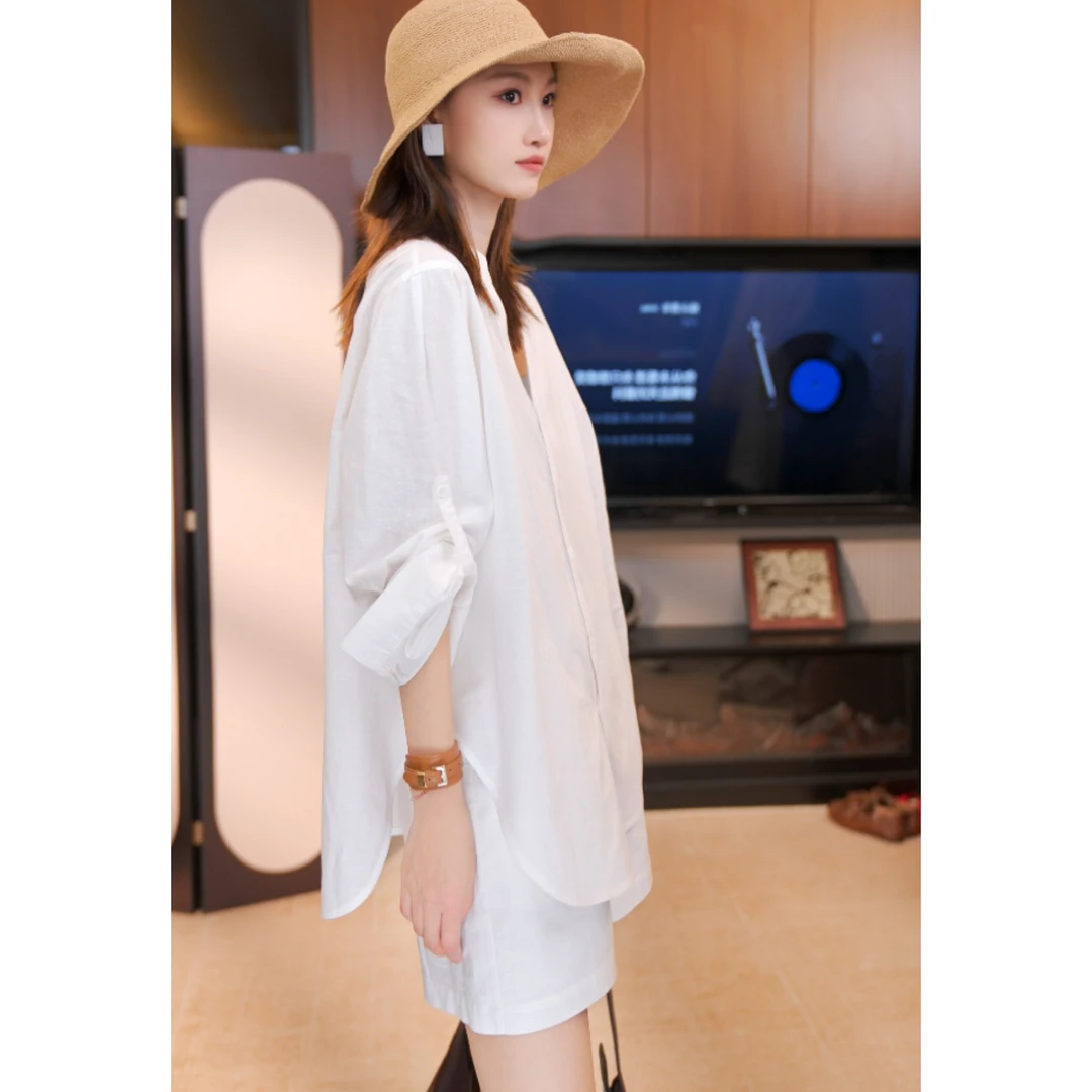 雨露亚麻极简风松宽松弛慵懒感套装宽松休闲衬衫休闲短裤套装夏季