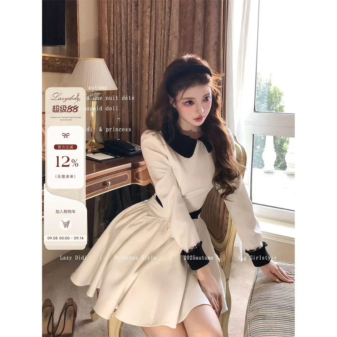 奥黛丽 经典分割线赫本连衣裙拼色娃娃领蝴蝶结显瘦a字6373唯