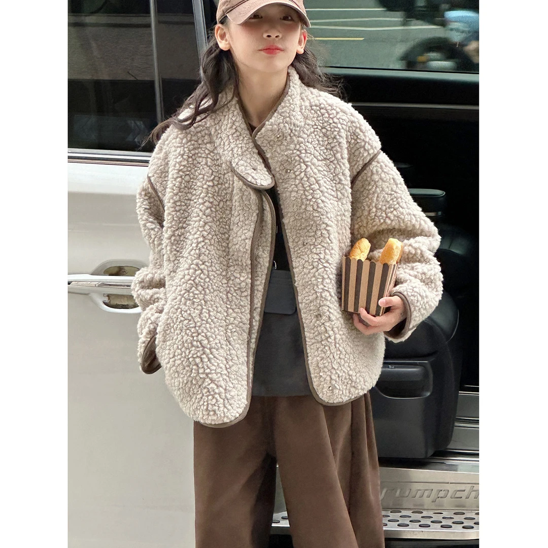 K30125孙小美拼接式女童韩版外套2025新款秋冬装儿童加厚毛毛衣