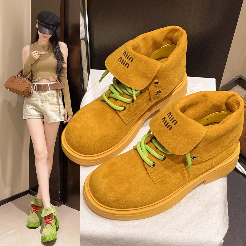 复古英伦风粗跟厚底马丁靴女款2025新款春秋爆款增高显瘦大黄靴子