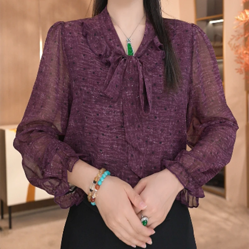 CYM1722春夏气质女装V领系带长袖小衫设计感紫色圆点上衣