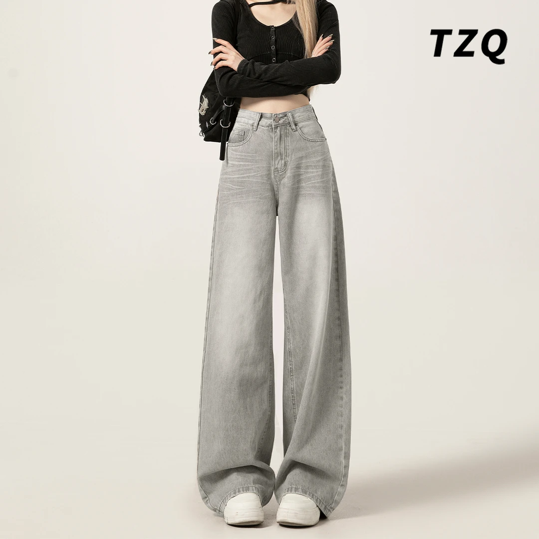 摩卡灰直筒牛仔裤2025新款女款秋季高腰宽松水洗做旧设计感阔腿裤