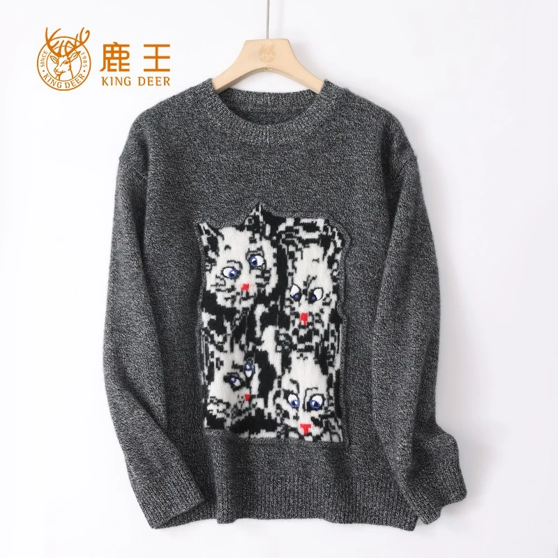 编码2024079鹿王24秋冬新款女圆领100山羊绒花纱重工刺绣套衫加厚