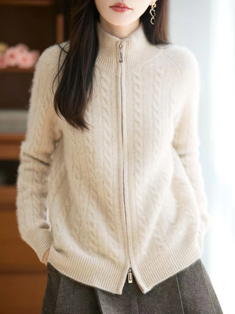 100%羊毛七针加厚绞花双拉链开衫保暖舒适