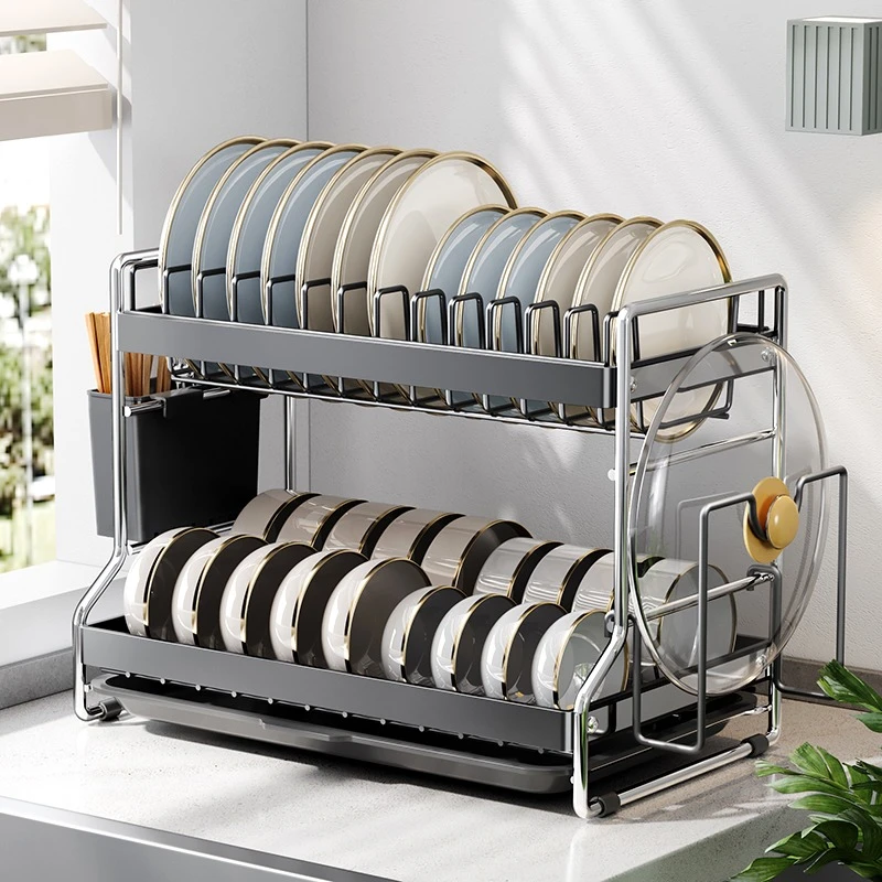 ins风多功能枪灰色厨房台面沥水架碗架碗碟沥水架碗盘刀筷置物架