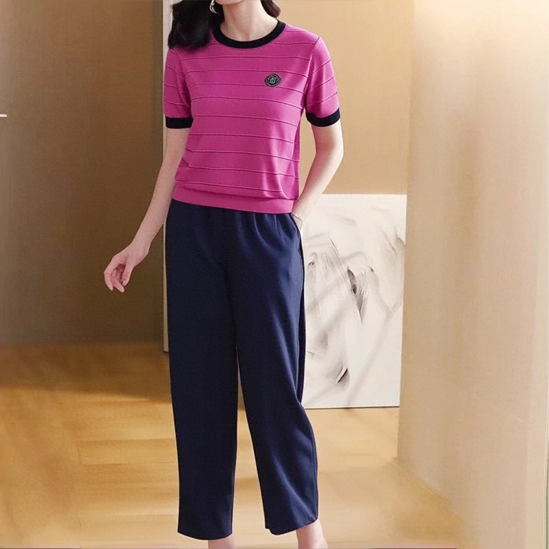2025年夏季新款显瘦气冰丝凉爽遮肉针织衫宽松舒适休闲裤套装时尚