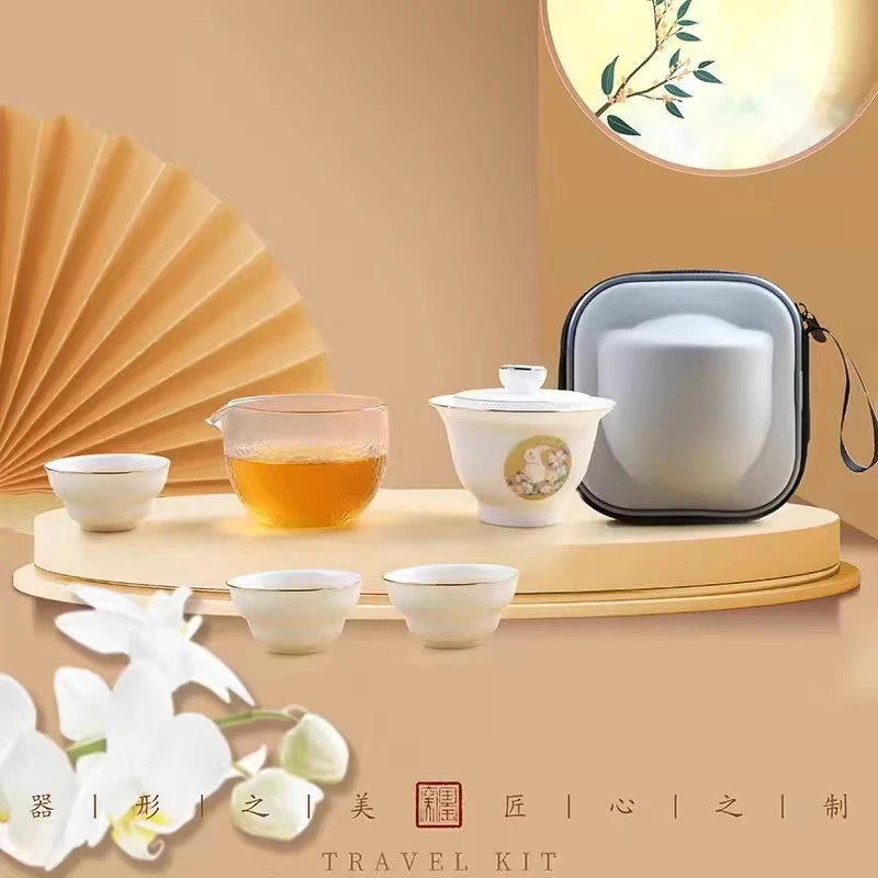 羊脂玉盖碗玉兔望月家用功夫茶具创意女士茶碗茶杯