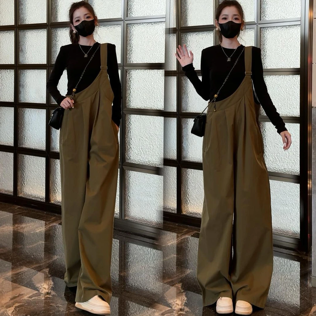 时尚套装女2025秋季新款洋气潮流长袖T恤工装背带裤阔腿裤两件套