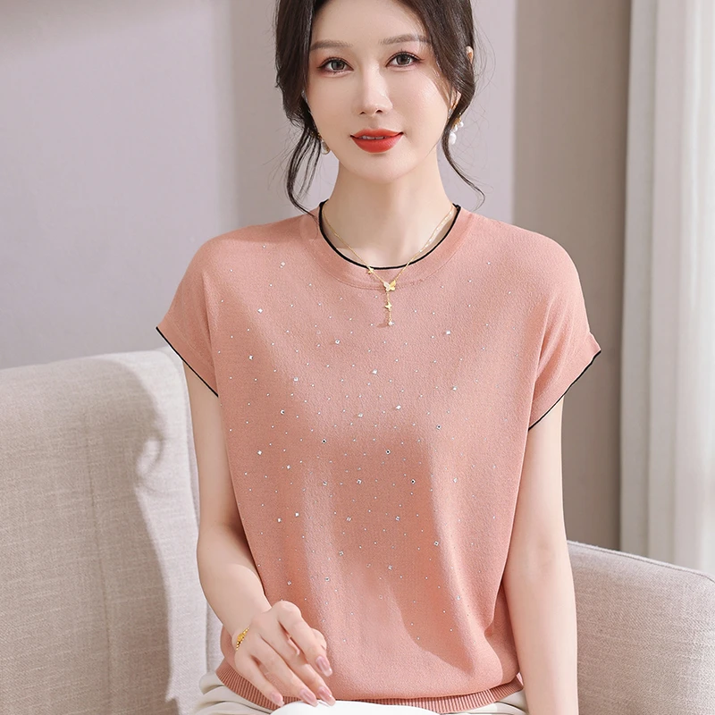 年轻妈妈短袖夏季上衣洋气新款40岁中老年女装夏装冰丝针织T恤衫