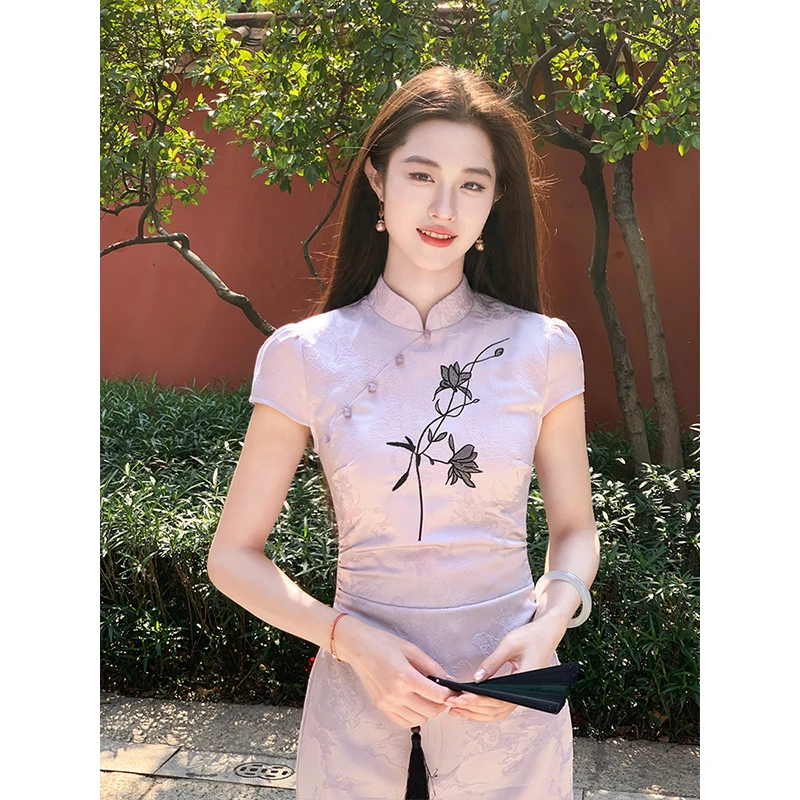 凌茜【蝶恋花】国风新中式紫色优雅收腰修身显瘦韵味绣花旗袍连衣裙
