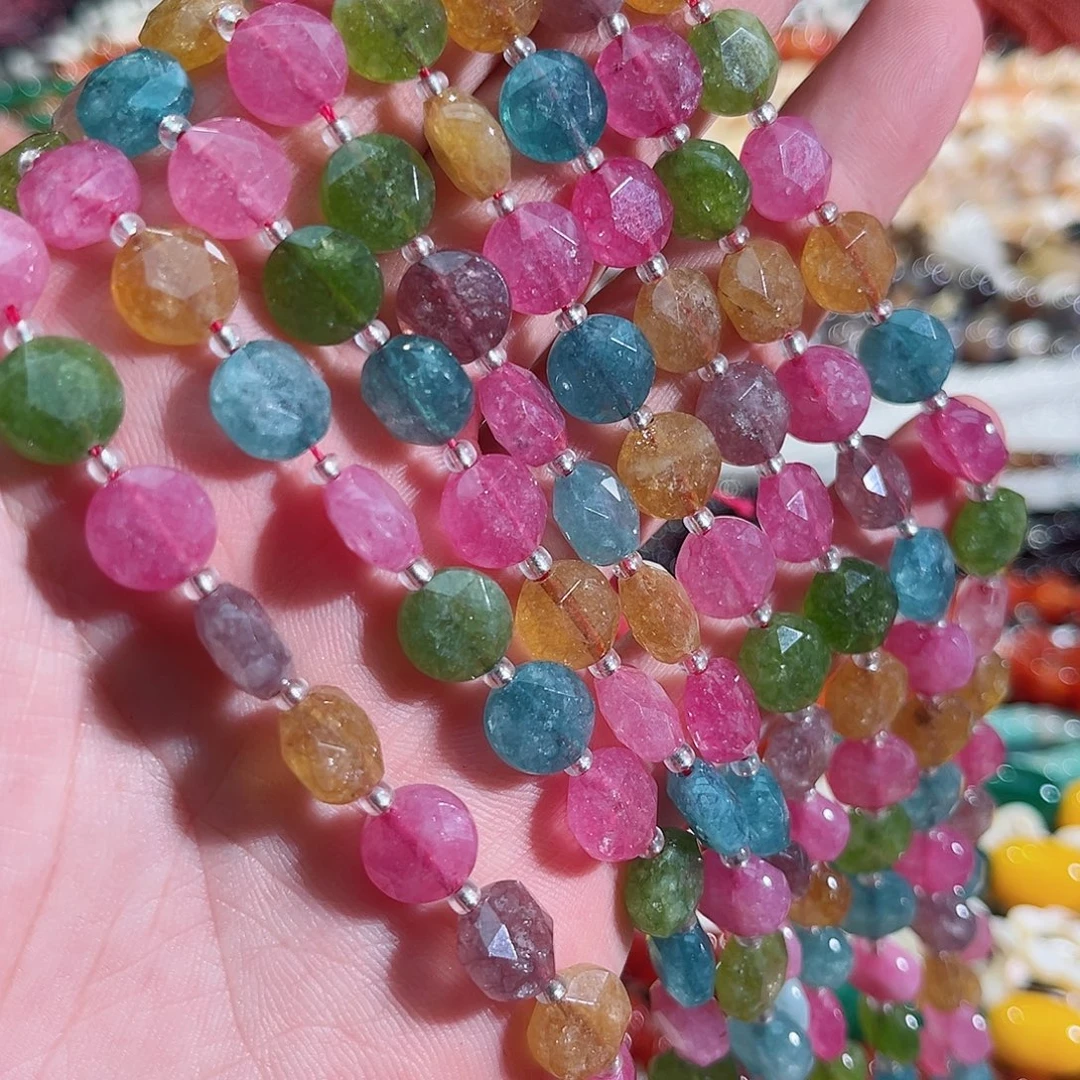 玛瑙/玉髓未镶嵌珠宝半成品碧玺色刻面圆饼一条10mm