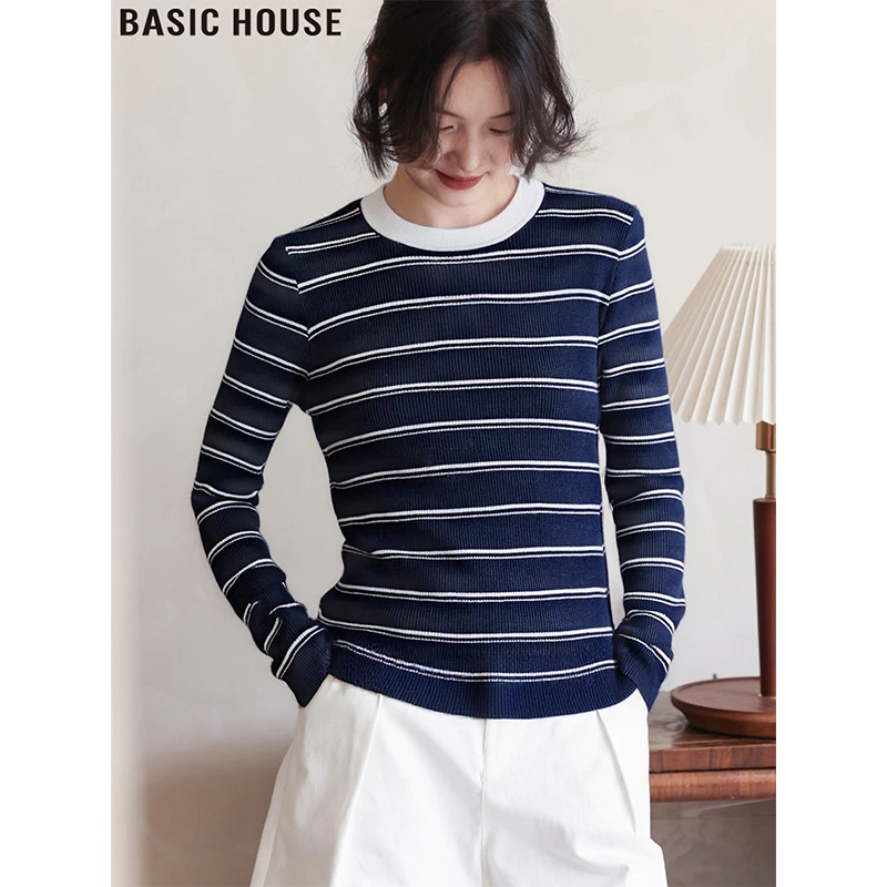 Basic House/百家好藏青色条纹圆领针织衫修身长袖上衣女2025秋季