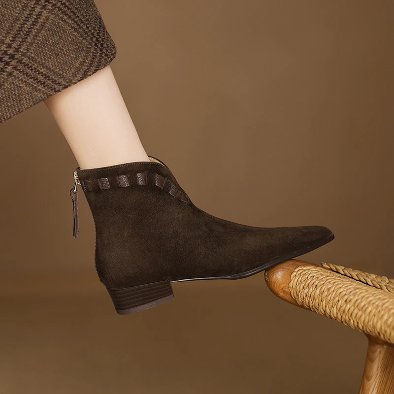 翻毛皮低跟尖头美拉德短靴女款早秋单靴真皮法式方跟V口靴子棕色