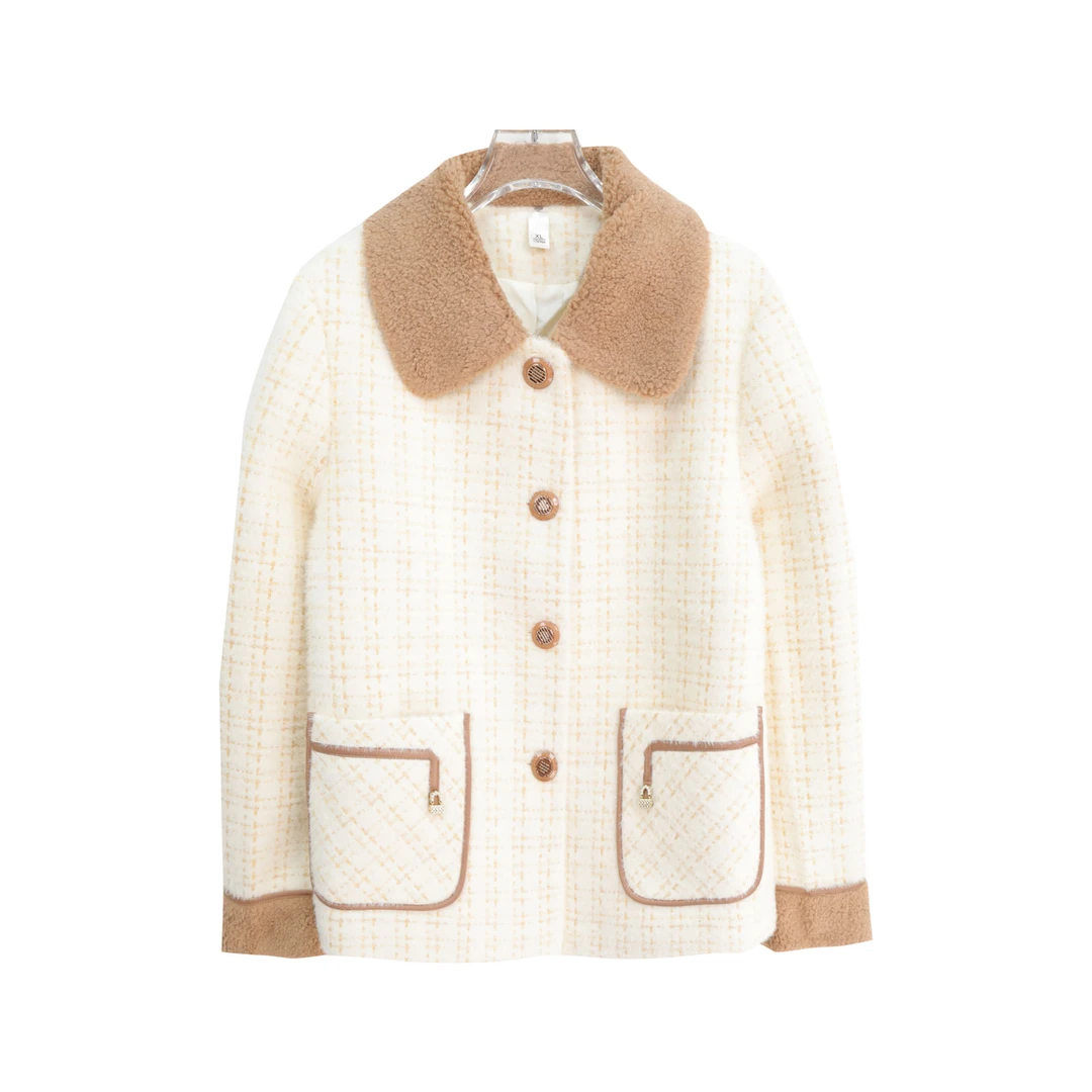 小香风格纹简约温柔软糯毛毛翻领外套S5066