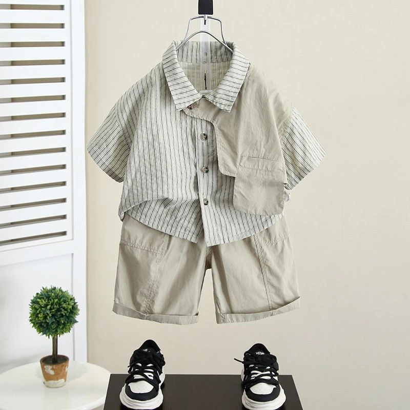 男童夏装衬衫套装儿童夏季短袖2025新款帅气男孩夏款衬衣宝宝半袖