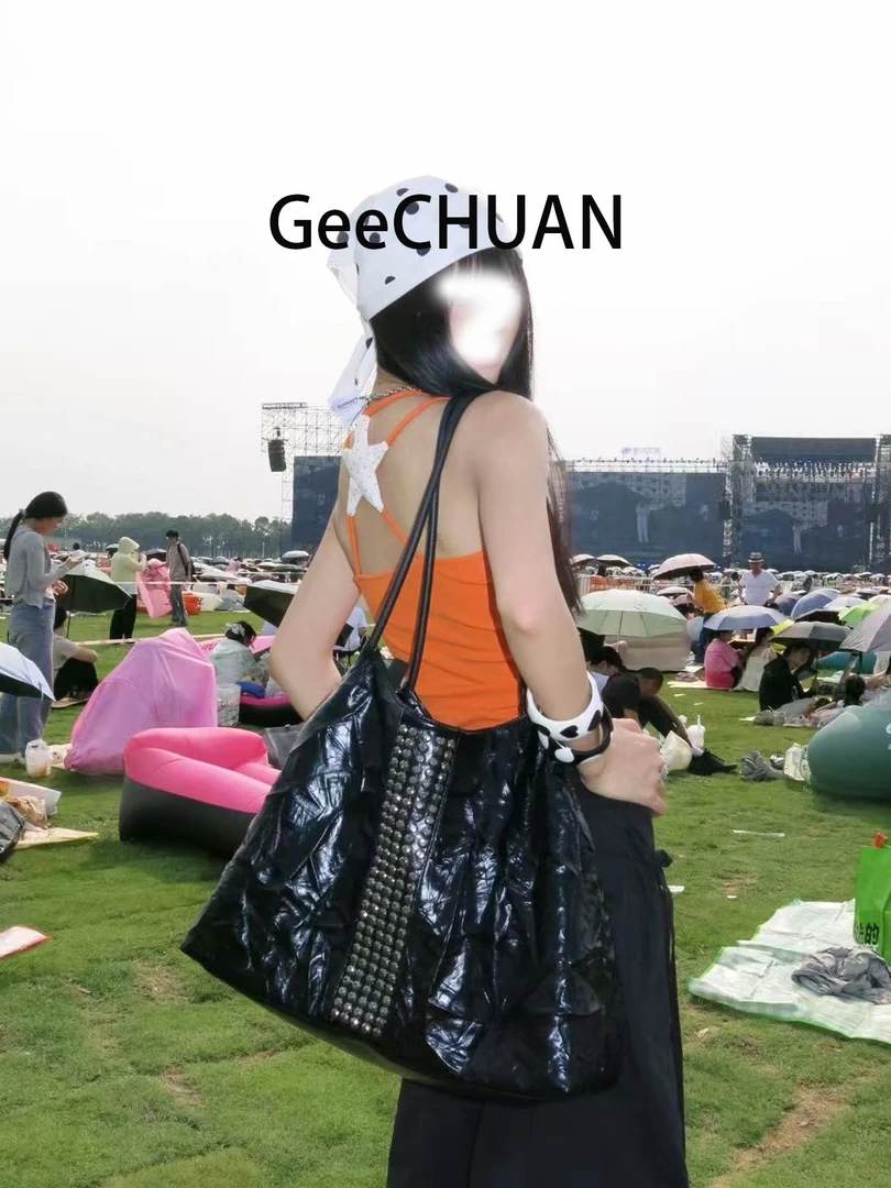 GeeCHUAN小众高级褶皱手抓纹美式辣妹大容量托特包百搭缝钻单肩包