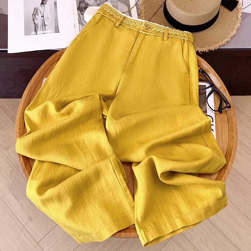 黄色阔腿裤女2025新款夏季蕾丝高腰山本裤垂坠感宽松直筒裤子