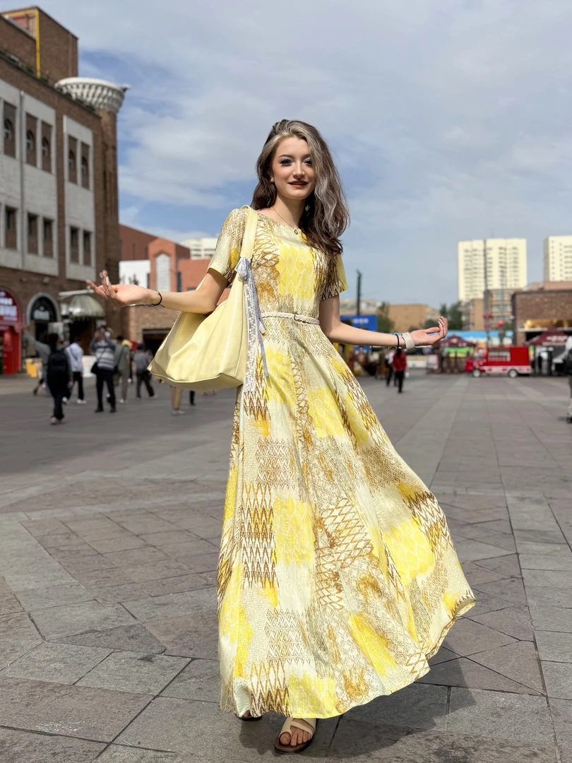 Fargiz【丝路生花】2025夏季款个性特色印花自带阳光色长款连衣裙