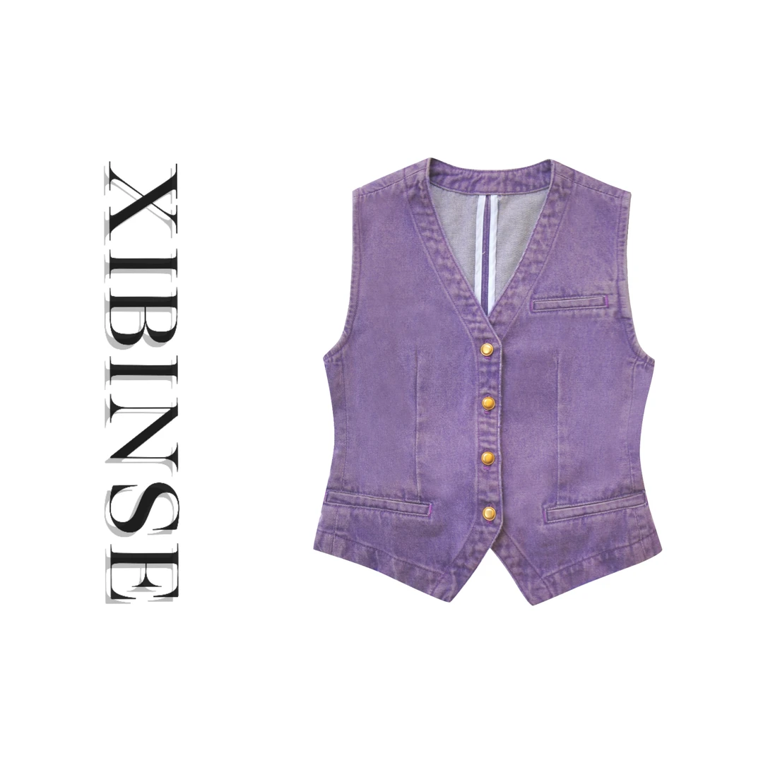 【毕小小】星黛露粉紫牛仔马甲背心 新款时尚【做旧复古】C2288