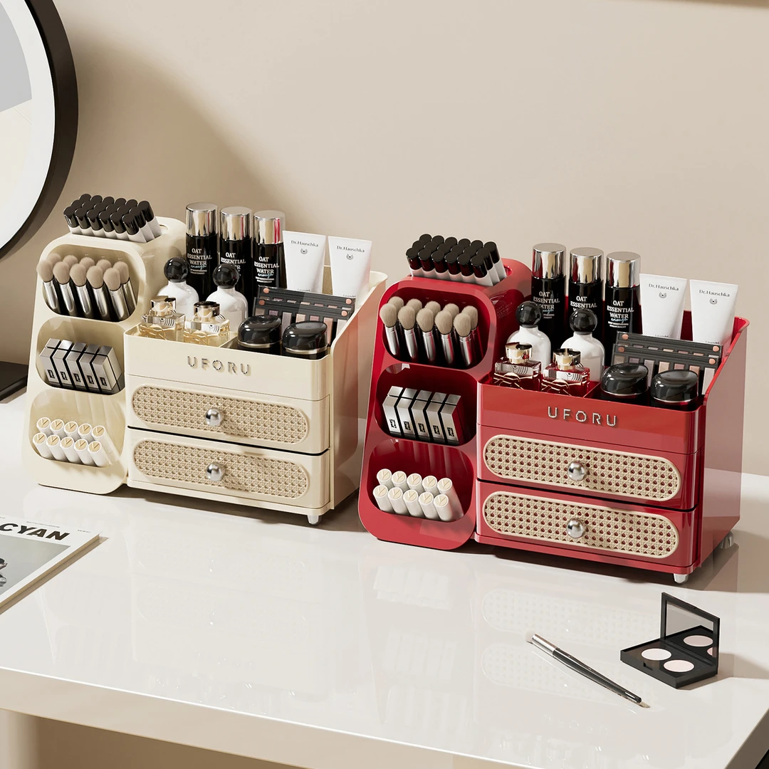 橱明星复古藤编化妆品收纳盒家用大容量化妆刷笔筒多功能收纳架