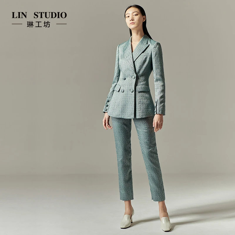 【特殊活动款 不支持退换】琳工坊灰绿色提花西服套装唐琳设计师